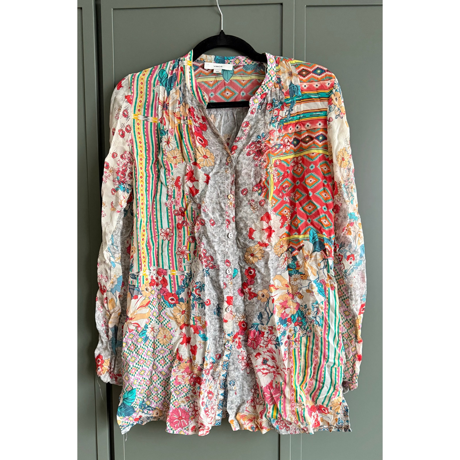 Nwt Vince Womens Sz M Silk Blend Multi Print Button Down Blouse